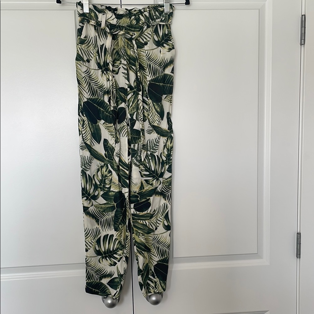 H&M Green and White Tropical Print Paper Bag Pant with Elastic Waist